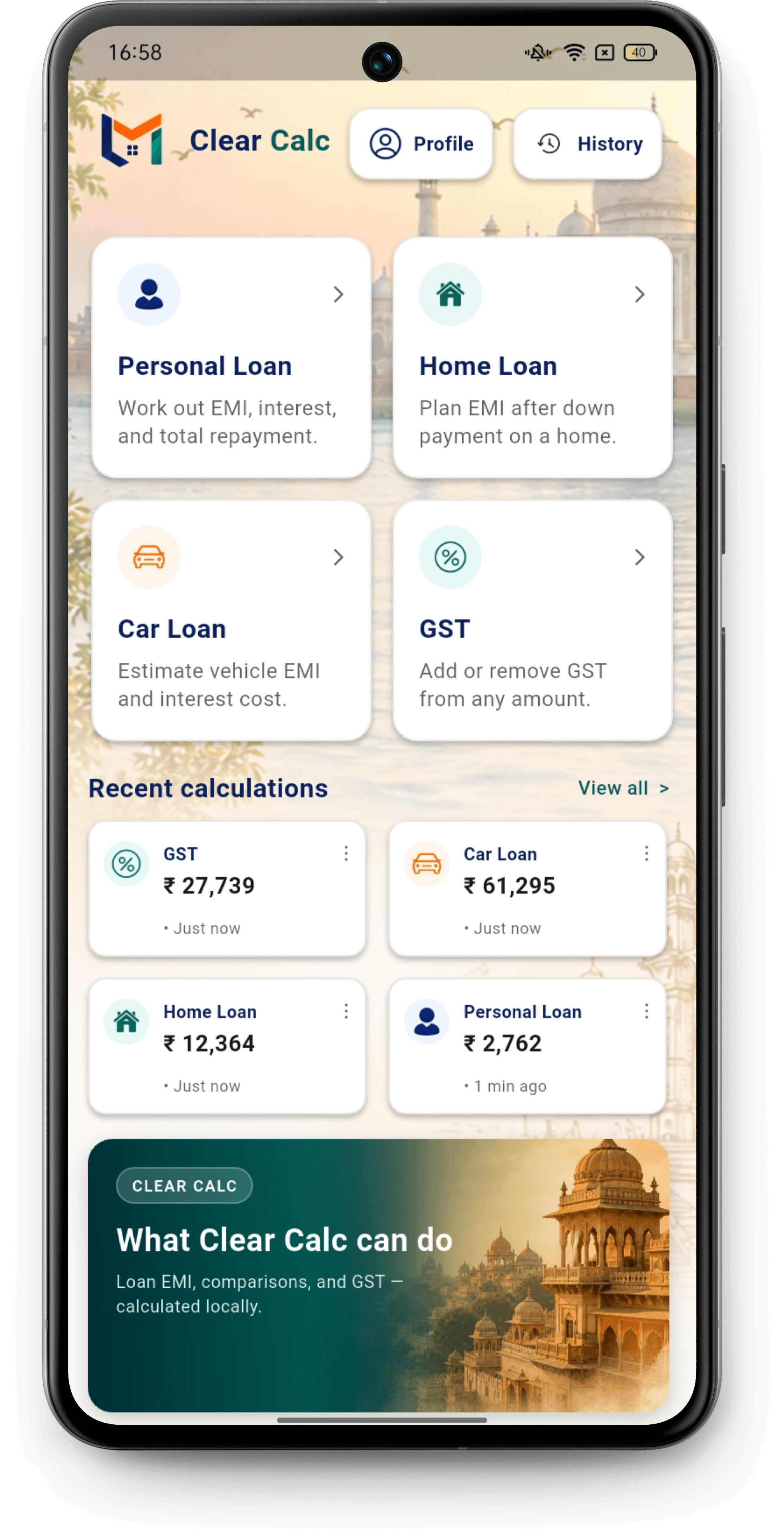 Clear Calc home screen showing loan and GST calculators